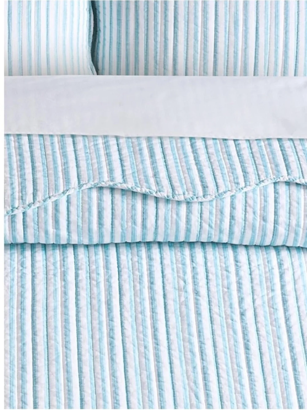 🆕 PB Style Blue & White Striped Cotton Quilt Coverlet Scalloped Trim Set NWT